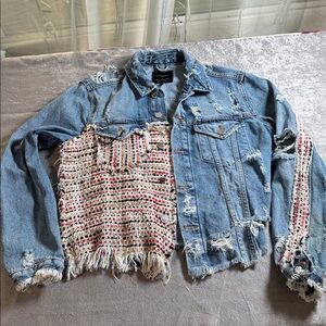 So cute Zara Blue and Multicolor Distressed Jean Jacket